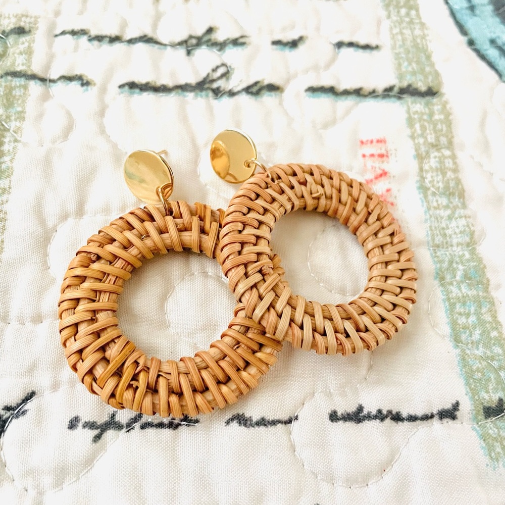 Rattan and Gold Stud Earrings
